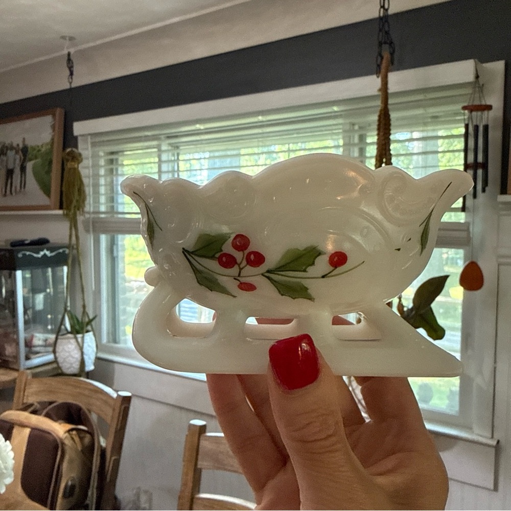 Westmoreland White Milkglass Holiday Dish with Holly and Red Berries